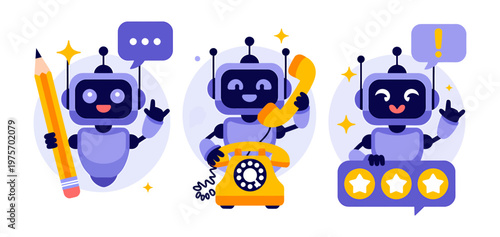 Friendly robots assisting with customer support tasks communication and ratings customer service artificial intelligence digital assistant flat design problem solving communication