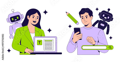 People interacting with robots for online tasks and communication customer service artificial intelligence digital assistant flat design communication technology assistance internet computer