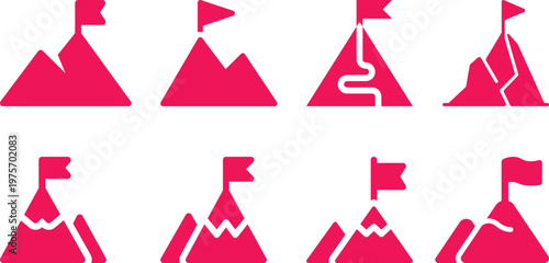 Red Mountain Flags Icons. High mountain and flag symbol. Goal achievement symbol. Flag atop the mountain peak icon.