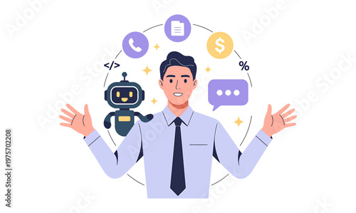Businessman juggling tasks with robot assistant and technology icons artificial intelligence businessman juggling assistant technology business workflow management efficiency automation