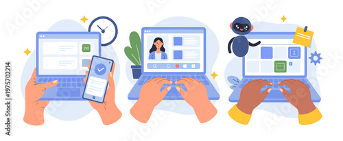 Hands interacting with laptops and smartphone showing different user interfaces technology communication interaction interface computer smartphone software information business workflow