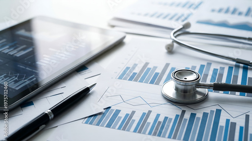 Detailed statistical analysis and financial planning for healthcare services, represented by medical equipment and business charts