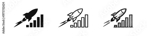 Business Growth and Startup Success Icon Set - Rocket and Bar Chart