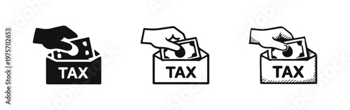 Tax payment icon set: Hand putting money into a box with 'TAX' label in solid, outline, and hand-drawn styles.