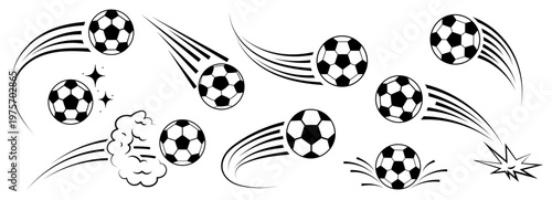 Soccer ball football icon for goal and vector logo illustration in the sport graphic set design through flying foot motion. White abstract black element