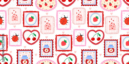 Spring frame flower and floral seamless patchwork with bow cute pattern. Kawaii kid background and coquette stationery plaid with check cottagecore texture. Berry spring ornament and quilt.