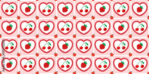 Kawaii patchwork frame for floral pattern seamless and spring bow cute. Flower kid collage for bg gingham background and berry pink coquette. Kawaii stripe heart for floral stationery color.