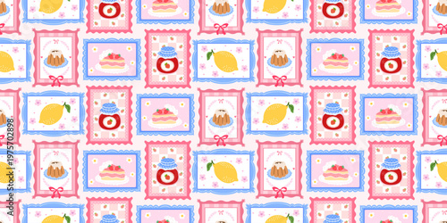 Pattern spring bow for patchwork floral kawaii and seamless frame cute. Flower berry vector for notebook quilt illustration and blanket blue vintage. Pattern ornament plaid for patchwork.