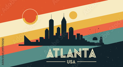 Stylized silhouette of Atlanta skyline with retro sunset background capturing urban vibrancy and cityscape features in a