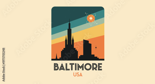 Vintage-Inspired Retro Illustration of Baltimore Skyline with Sunset and Moonlight Scene in Bright Warm Tones