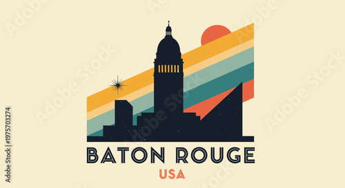 Stylized Baton Rouge Cityscape with Retro Sunset and Bold Architecture Illustration