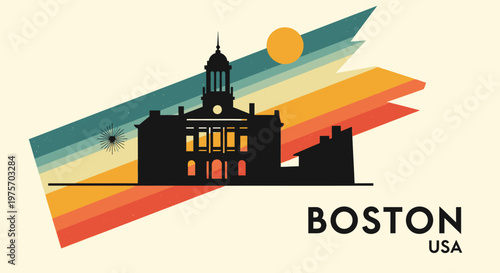 Stylized digital artwork of historic Boston skyline during sunset with colorful geometric background and iconic city silhouette