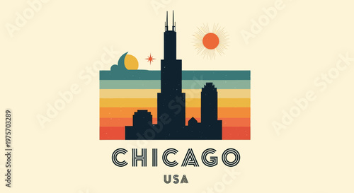 Stylized minimalistic illustration of Chicago skyline with sunset and celestial elements capturing urban beauty and natural