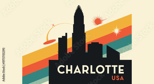Stylized silhouette of Charlotte North Carolina skyline with colorful retro sunset background and playful planetary accents