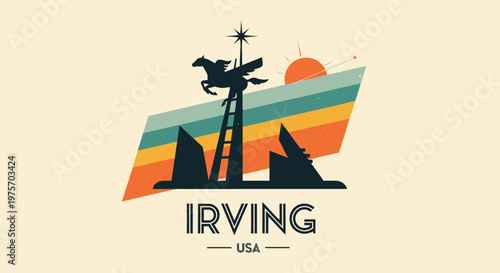 Vintage-inspired Irvine USA cityscape with modern abstract design elements and iconic landmarks representing local culture and