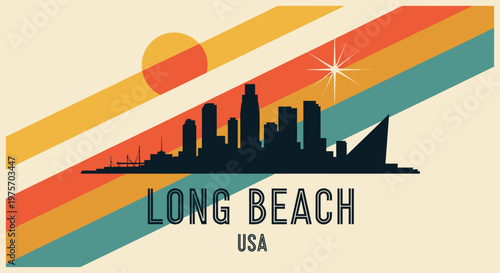 Vintage-style retro sunset scene with city skyline silhouette and bold diagonal colorful stripes capturing Long Beach
