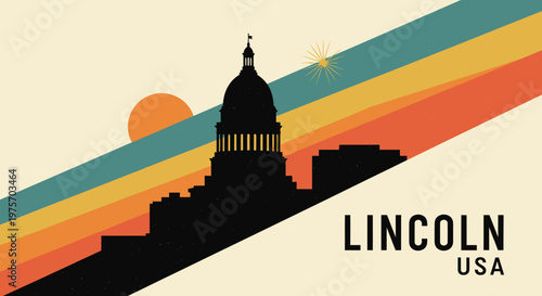 Artistic silhouette of the Lincoln Memorial in Washington D.C. with colorful retro stripes and celestial elements creating a