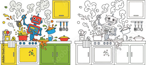 Messy Robot Cooking Disaster in Kitchen Cartoon Vector Illustration
