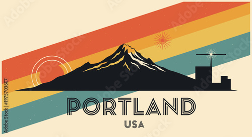 Vintage-inspired Portland USA skyline featuring Mount Hood and modern cityscape