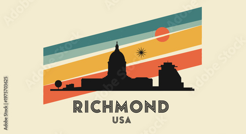 Stylized silhouette of the Richmond skyline featuring historical architecture and vibrant sunset streaks capturing urban serenity