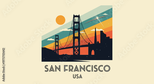 Stylized artistic representation of the Golden Gate Bridge in San Francisco with vibrant sunset and abstract background
