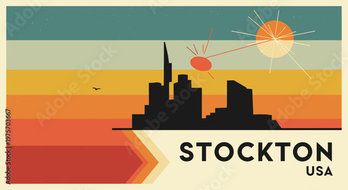 Retro-inspired artistic sunset view of skyline silhouette in vibrant colors with stylized sun and celestial elements for