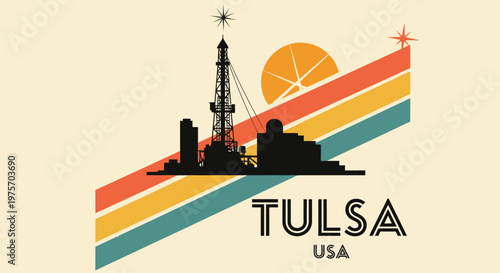 Stylized vintage-inspired illustration of Tulsa Oklahoma with oil rig and sun motif in warm vibrant tones for retro design
