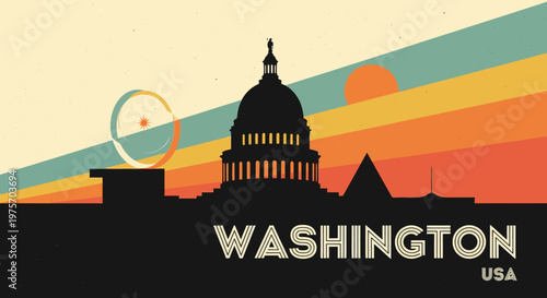 Stylized retro illustration of the US Capitol building silhouette during sunset with vibrant sky colors and celestial elements