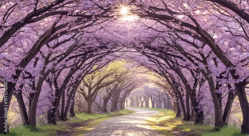 Spring Cherry Blossom Tree Tunnel with Purple Flowers Vector