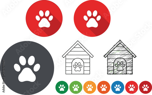 Dog Paw Print Icons and Pet House Logo Set with Animal Shelter Symbols Veterinary Clinic Pet Care Vector Illustration