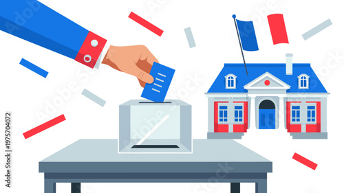 French Election Hand casting ballot into voting box, symbolizing citizen participation, democracy, and civic responsibility france voting