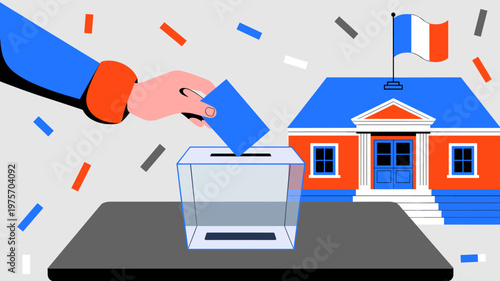 Illustration of a hand casting a ballot into a transparent ballot box in front of a building with a French flag on top, symbolizing election and voting