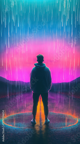 Surreal Synthwave Retro Future Cyberpunk lofi Aesthetic teen Standing under upward falling rain
