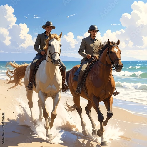 Two men riding horses on a beach with cloudy skies