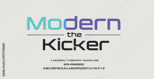 A modern typography showcase with the word 'Modern the Kicker' in bold colorful letters on a clean background