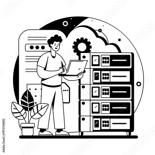 A glyph style illustration showing a cloud engineer