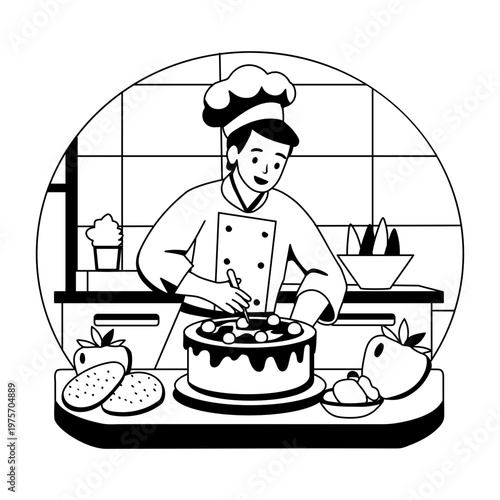 Glyph style illustration depicting a baker decorating a cake 