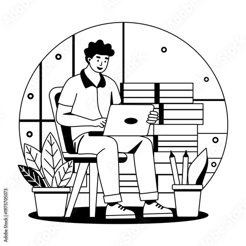 An illustration of a freelance worker designed in glyph style