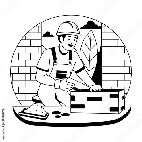 An illustration of a masonry worker designed in glyph style