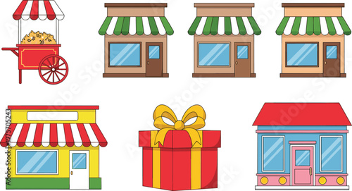 Street Market Food Cart and Shop Storefront Buildings with Gift Box Retail Store Awning Set Vector Illustration