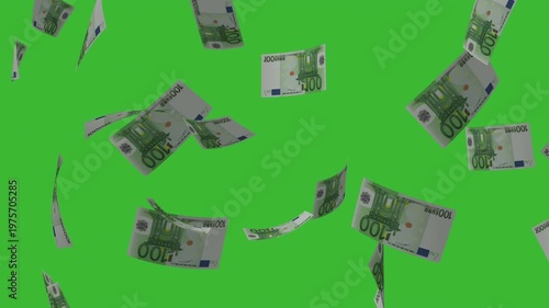 Falling euro banknotes on green screen background, seamless loop animation of money rain, finance concept, wealth, economy, business growth visual