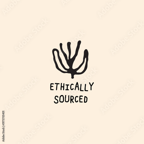 Ethically sourced hand drawn logo template with organic coral or leaf symbol in linocut style.