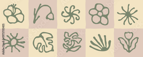 Set of hand-drawn floral icons with abstract botanical shapes, flowers and leaves in a minimal organic style on a cream and dusty pink grid background.