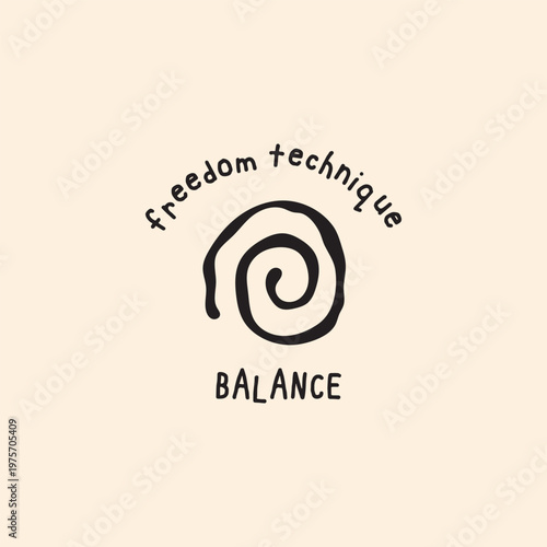 Freedom technique balance hand drawn spiral vector logo template with hand-lettered text on beige background