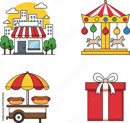 City Shop Building Carousel Ride Hot Dog Street Food Cart and Gift Box Set Cartoon Vector Illustration