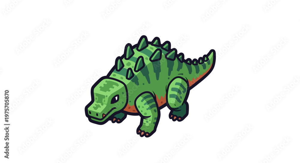 Fototapeta premium Cute cartoon green dinosaur-like creature with spikes and stripes on a white background.
