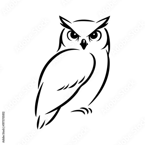 Logotipo con dibujo minimalista con líneas de un búho visto de perfil con la cabeza girada mirando de frente 