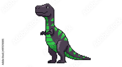 Pixel art illustration of a dark grey and green striped bipedal dinosaur, resembling a T-Rex, standing on a white background.