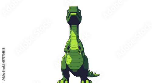 A stylized green dinosaur with a blocky design stands upright, looking forward on a white background.