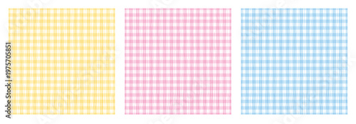 Set of pastel gingham seamless patterns. Hand drawn wavy checkered backgrounds in yellow pink blue. Cute vector design for baby nursery fabric, kids textile, wrapping paper, spring wallpaper print.